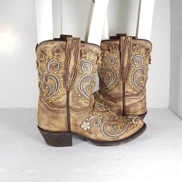 Dan Post Women’s US 6M Tan Leather Distressed Floral Embroidered Western Boots - Picture 8 of 13